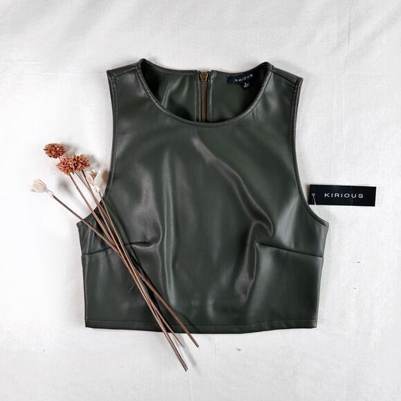 Kirious Tops - Dark Olive Vegan Leather Crop top S